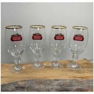 Stella Artois Gold Rimmed Beer Chalice Glasses Set of 4 Star Stem 7.5"T 33cl